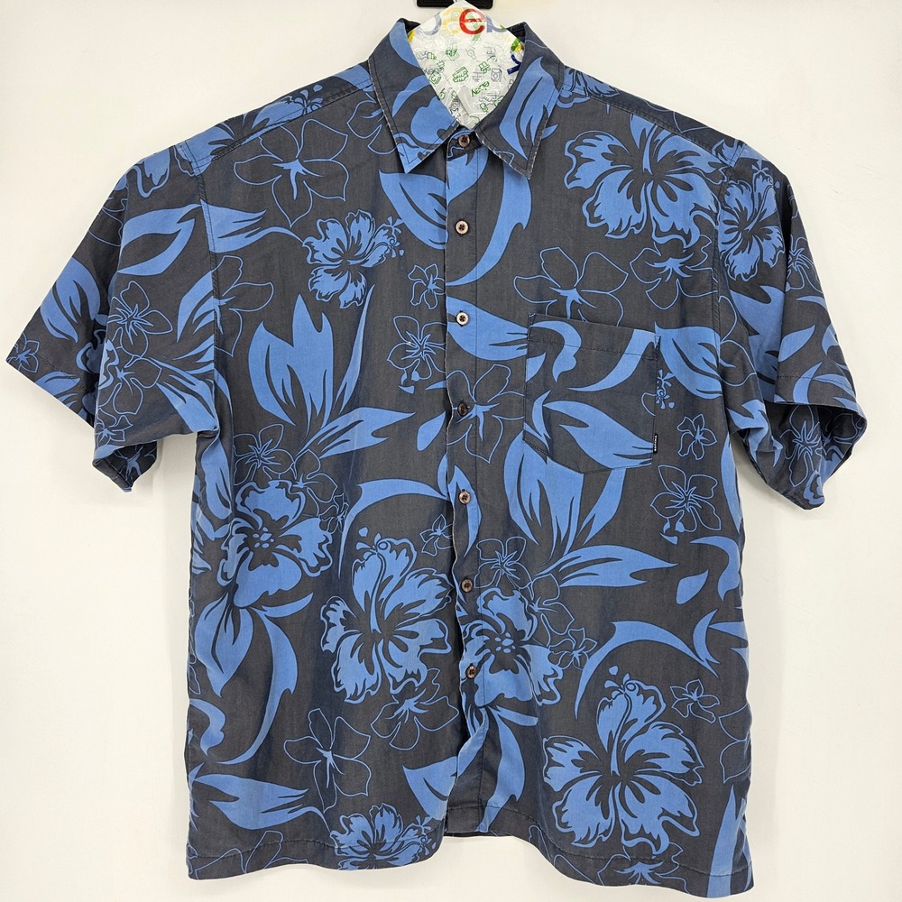 Vintage Gotcha Shirt Mens XL‎ Hawaiian Floral Hibiscus Tiki Gray Blue Button Up